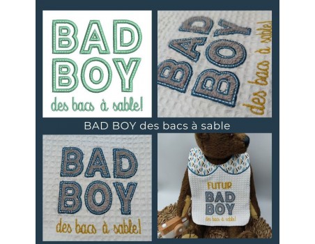 machine embroidery design bad boy sandbox text