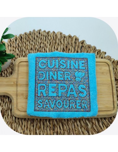 Motif de broderie machine texte cuisine en embossage