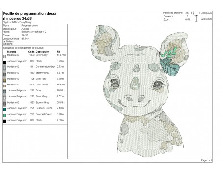 Motif de broderie machine rhinocéros aquarelle