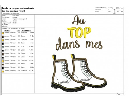 Motif de broderie machine texte et chaussures montantes en appliqué