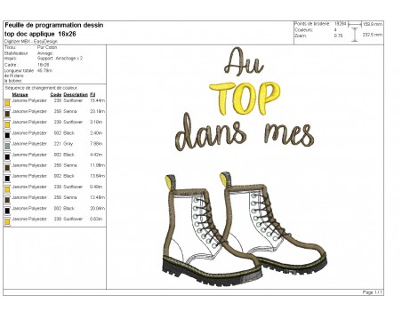 Motif de broderie machine texte et chaussures montantes en appliqué