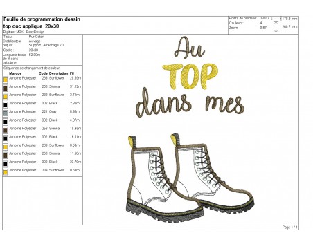 Motif de broderie machine texte et chaussures montantes en appliqué