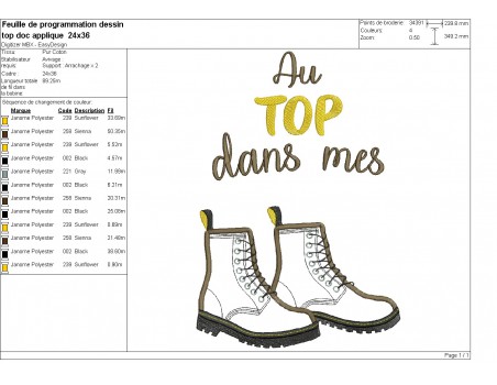 Motif de broderie machine texte et chaussures montantes en appliqué