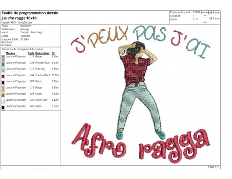 Motif de broderie machine  j'peux pas j'ai afro regga