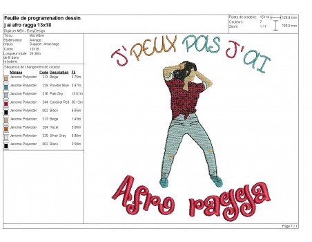 Motif de broderie machine  j'peux pas j'ai afro regga