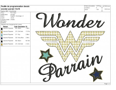 Motif de broderie machine wonder parrain en mylar