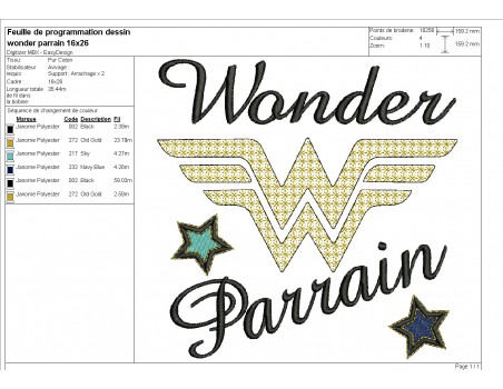 Motif de broderie machine wonder parrain en mylar