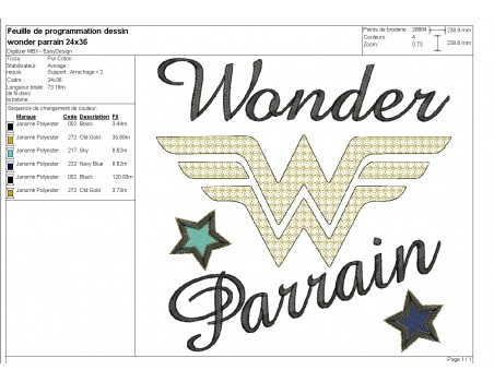 Motif de broderie machine wonder parrain en mylar