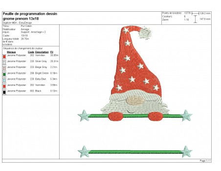 Motif de broderie machine gnome prénom