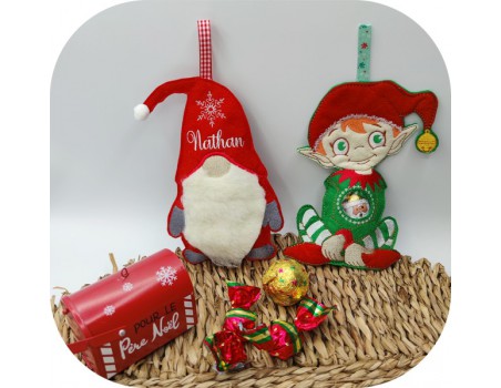 Motif de broderie machine lutin de  Noël  ITH pour bonbons