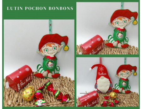 Motif de broderie machine lutin de  Noël  ITH pour bonbons