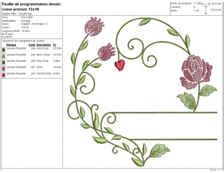 Motif de broderie machine cadre floral  prénom