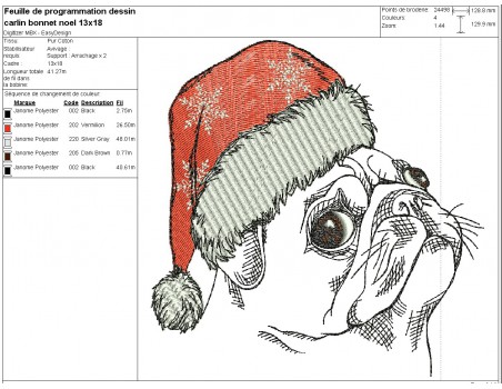 Motif de broderie machine carlin avec son bonnet de Noël