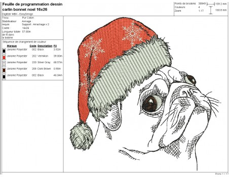 machine embroidery  design dog carlin with a christmas cap