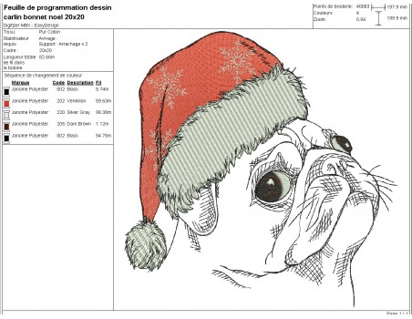 machine embroidery  design dog carlin with a christmas cap