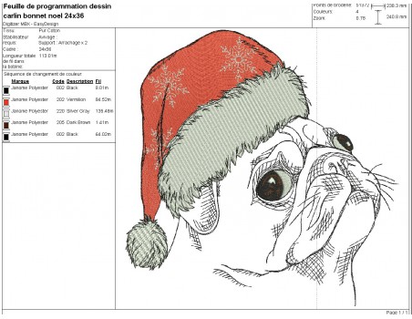 machine embroidery  design dog carlin with a christmas cap