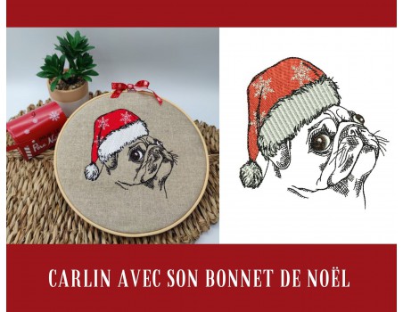 machine embroidery  design dog carlin with a christmas cap