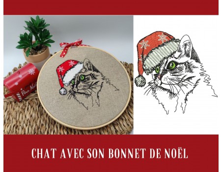 Motif de broderie machine chat  avec son bonnet de Noël