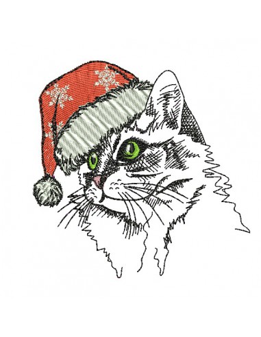 Motif de broderie machine chat  avec son bonnet de Noël