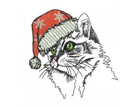 Motif de broderie machine chat  avec son bonnet de Noël