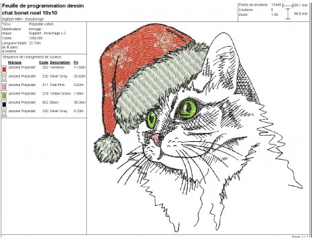 Motif de broderie machine chat  avec son bonnet de Noël