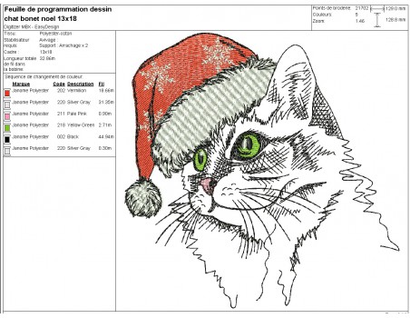 Motif de broderie machine chat  avec son bonnet de Noël