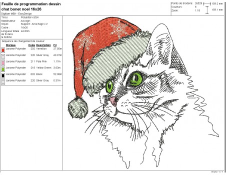 Motif de broderie machine chat  avec son bonnet de Noël