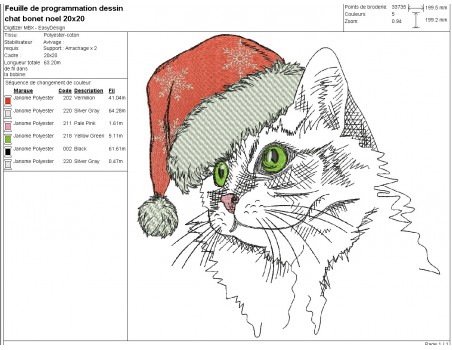 Motif de broderie machine chat  avec son bonnet de Noël