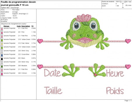 machine embroidery design customizable birth journal frog girl