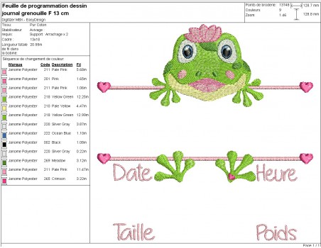 Motif de broderie machine grenouille journal de naissance fille