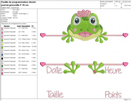 Motif de broderie machine grenouille journal de naissance fille