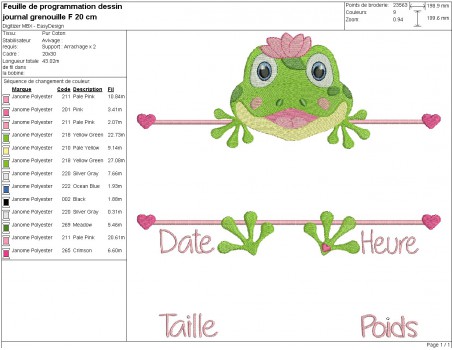 Motif de broderie machine grenouille journal de naissance fille