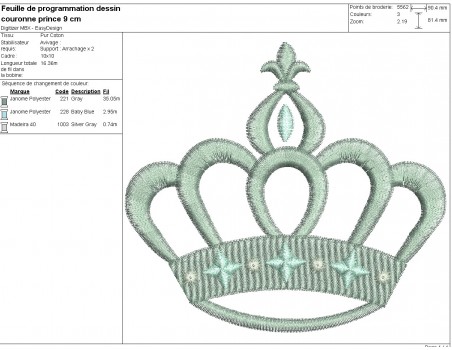 Motif de broderie machine couronne prince