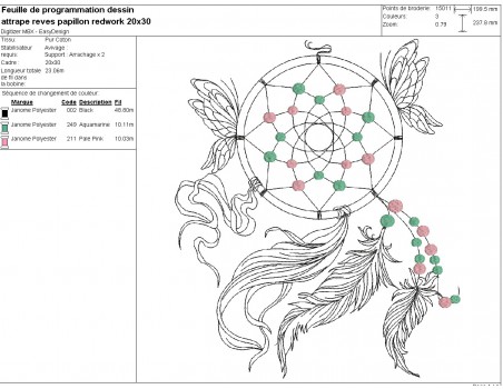 Motif de broderie machine  attrape rêves papillons redwork