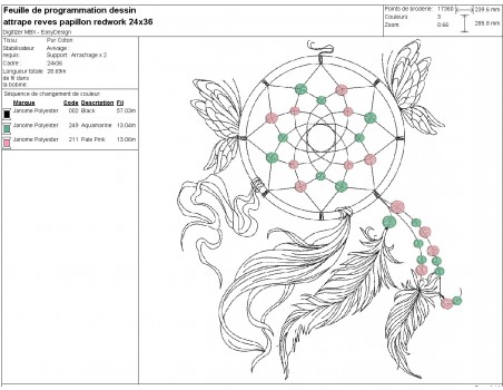 Motif de broderie machine  attrape rêves papillons redwork