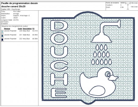 Motif de broderie machine  texte douche en embossage