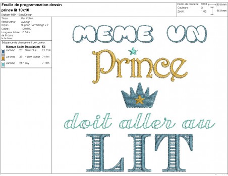 Motif de broderie machine prince au lit