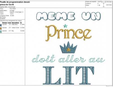 Motif de broderie machine prince au lit