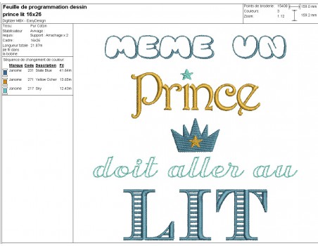 Motif de broderie machine prince au lit