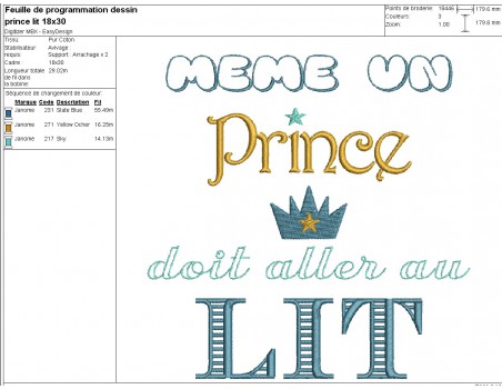 Motif de broderie machine prince au lit