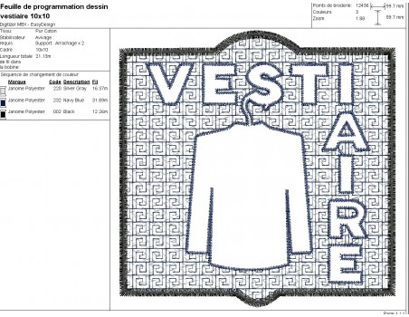 Motif de broderie machine  texte vestiaire en embossage