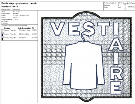 Motif de broderie machine  texte vestiaire en embossage