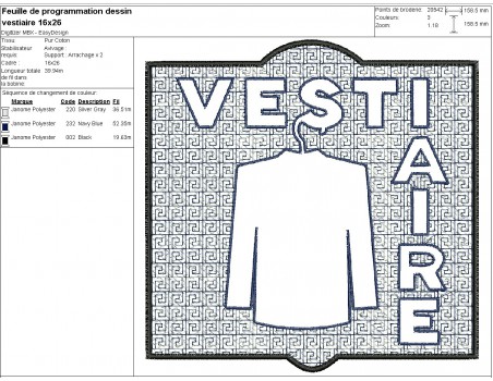 Motif de broderie machine  texte vestiaire en embossage