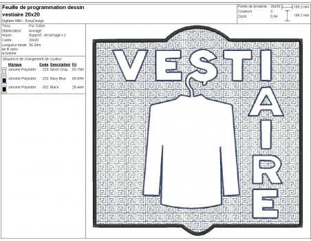 Motif de broderie machine  texte vestiaire en embossage