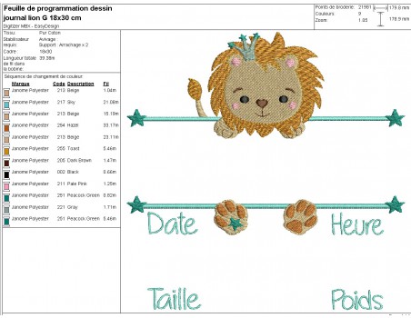 Motif de broderie machine lion journal de naissance garçon