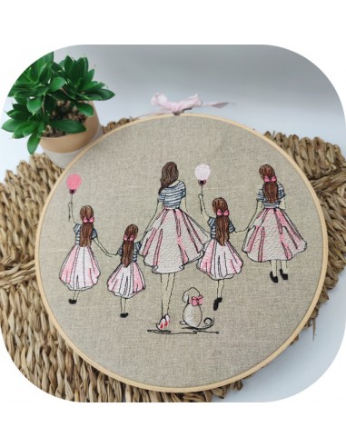 machine embroidery design  rippled mother with her 4 daughters