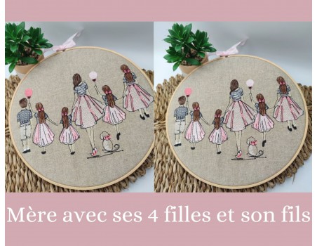 Motif de broderie machine  mère avec ses 4 filles et son fils