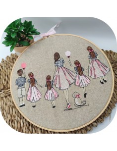machine embroidery design  rippled mother with her 4 daughters and his son