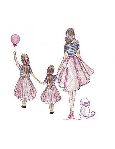 machine embroidery design  rippled mother with her 2 daughters