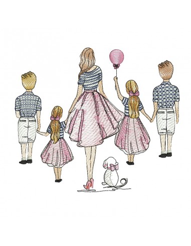 machine embroidery design  rippled mother with her 2 daughters and her 2 sons